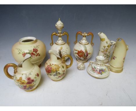 A COLLECTION OF ASSORTED ROYAL WORCESTER BLUSH IVORY CERAMICS, to include a pair of globular twin handled vases, two pairs of
