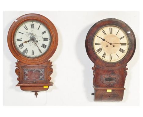 A Victorian 19th century drop dial mahogany wall clock with 8 day movement, large dial with roman numeral chapter ring. Toget