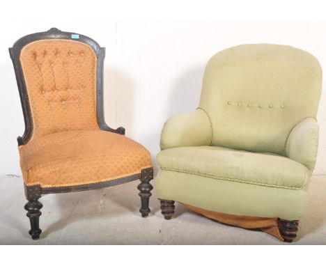 Victorian 19th century mahogany armchair being raised on mahogany turned legs with overstuffed fabric having green upholstery