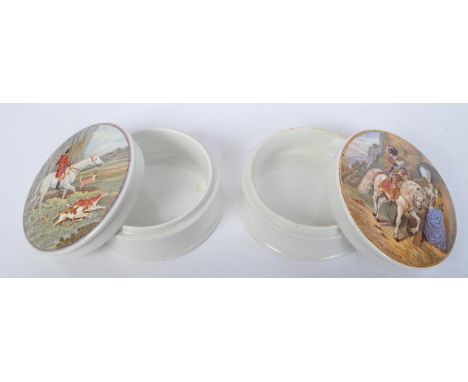 Two 20th century Prattware transferred print pots with lids. The lot to include The Cavalier &amp; The Master of The Hounds. 