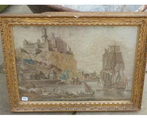 A 19th century hand stitched tapestry of Castle overlooking a port with an English Man o War ship at anchor, in a gilt frame 