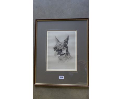 H. Goffey drypoint etching - Alert Alsation - framed, mounted and glazed - 30cm x 22cm 
Condition report: Without damage or f