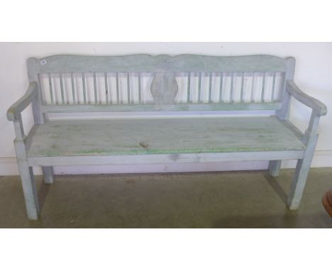A vintage painted Scandinavian style wooden bench with carve support, arm rest on square legs - 93cm x 176cm x 48cm