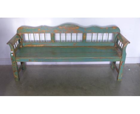 A vintage East European large pine bench with worn original green paint - 90cm x 190cm x 50cm 