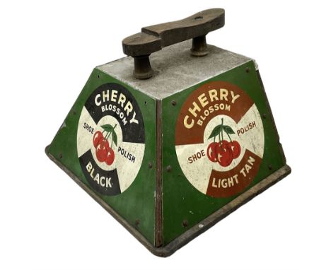 Cherry Blossom Shoe Polish shoe shine box, of sloping form, with three pictorial enamel panels advertising dark tan, black an