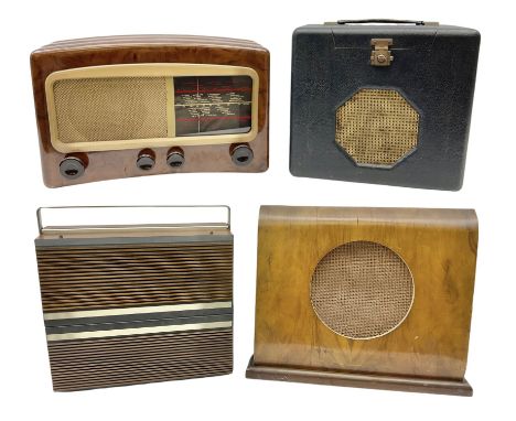 1950 Bush Type PB22 valve radio with Bakelite knobs and central glass  tapering panel between with gilt metal mesh speakers, W58cm H42cm D24cm,  together with Cossor floor standing radio in walnut venee 