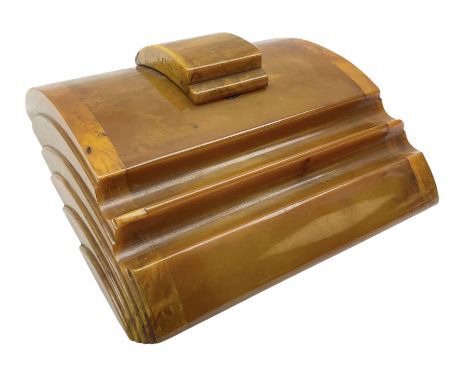 Art Deco butterscotch amber bakelite desk stand , with two pen rests and inkwell, H6cm L16.5cm 