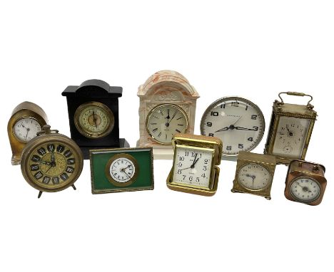 Miniature 'Zenith' travel alarm clock, in engine turned brass case with silvered numerical chapter ring, H5cm, together with 