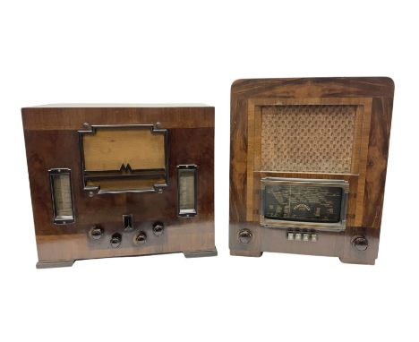 1930s Marconi model 296 valve radio, with Bakelite knobs and trim and 'M' over speaker fret, H40cm W46cm D27cm, together with