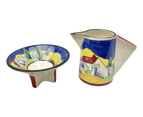Wedgwood Clarice Cliff Bizarre jug and small conical bowl decorated in the Applique Blue Lugano pattern, with a stylised land