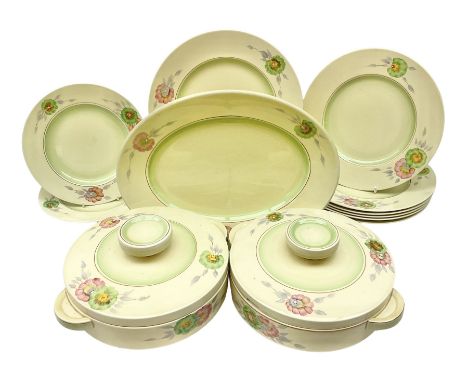 Clarice Cliff circa 1936 Sundew pattern dinner wares, comprising two Odilon shaped tureens and covers, six dinner plates, six