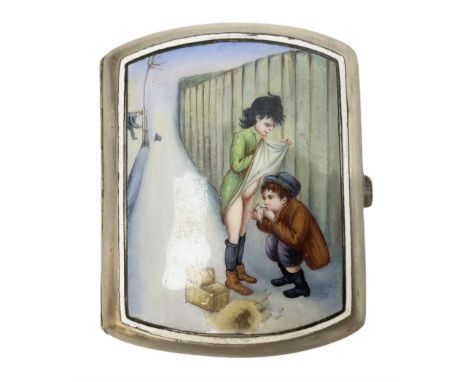Early 20th century Continental erotic cigarette case, the silver-plate body of curved rectangular form with cover decorated w