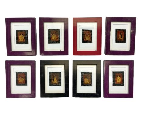 Set of eight Japanese erotic enamel plaques, framed, in frame H22cm, W17cm
