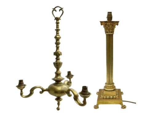 Heavy gilt table lamp of Corinthian column form, raised upon square stepped base with four claw feet, H50cm excl fitting, tog