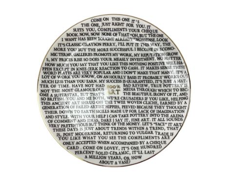 Grayson Perry RA (b.1960) 100% Art, 2020 fine china plate, with artist's seal printed to the base, produced for the York Art 