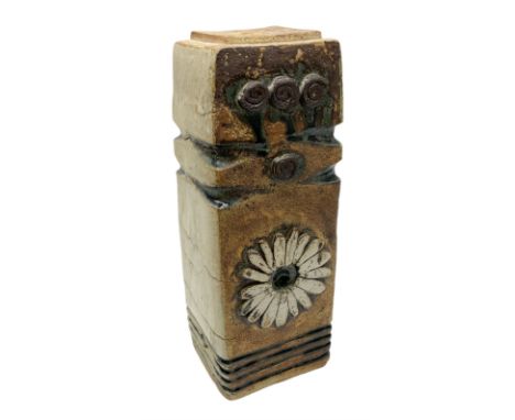 Studio pottery table lamp of slab built and moulded form with applied floral and abstract motifs, H33cm