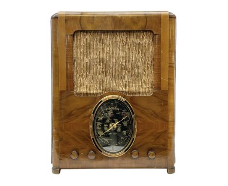 Late 1930s Art Deco Ferguson 503AC walnut cased valve radio, with glazed oval dial above four Bakelite knobs, H55cm D28cm W42