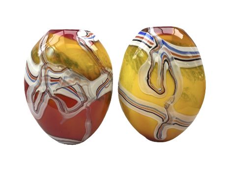 Pair of heavy art glass vases of ovoid form with marbled design on merging yellow, orange and red ground, H37cm