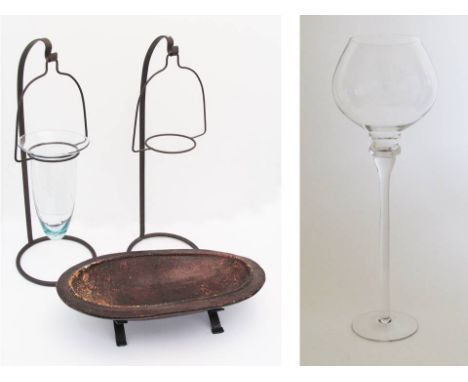 A pair of metal glass stands H48cm, together with a ceramic oval bowl on metal stand and a large globular clear glass vase H4