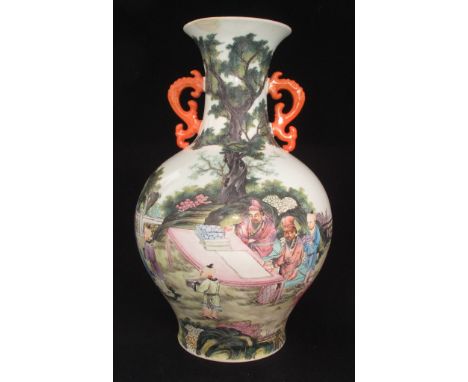 A Large and very Fine Chinese porcelain twin handled globular vase, with a long and flairing neck, painted in Fencai Famille 