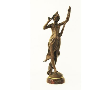 ERNEST-JUSTIN FERRAND (French 1846-1932). An Art Nouveaux lady “Musique Ancienne”. Metal sculpture on marble socle. H55cm, W2