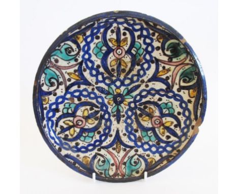 Stunning Early hand painted Islamic, Mughal / Persian / Iznik / Hispano-Moresque tin glazed pottery / ceramic footed plate, w