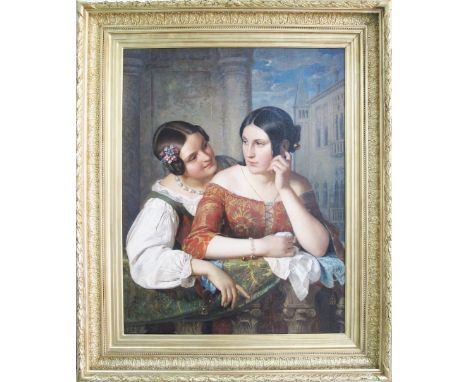 Pierre Bonirote (French 1811-1891, Athens School). On the balcony. Portraits of two women on the balcony of a house in an Ita