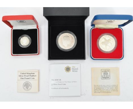 A collection of three 925 silver proof coins to include a 2008 Prince of Wales £5 silver proof coin, total weight 28.28g, mea