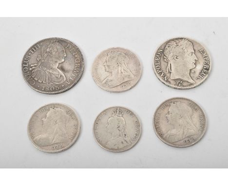 1812 Napoleon Empereur silver 5 francs, Carolus III DEI Gratia 1803&nbsp;&nbsp;Together with four Victoria DEI GRA BRITT REG 