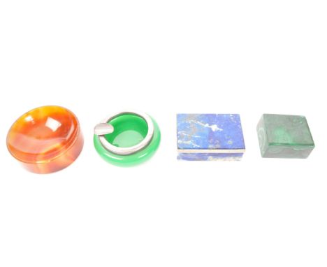 A collection of 20th century gemstone boxes to include a malachite pot, a lapis lazuli casket with hinged lid, a carnelian di