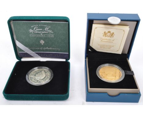 Two 925 silver coins to include a 925 silver piedfort crown Queen Elizabeth The Queen Mother Centenary Year coin, weight 56.5