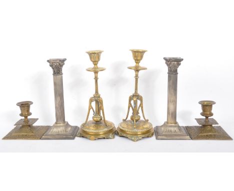 An assortment of Victorian 19th century &amp; later brass table candlesticks. The lot to include a pair of Victorian organic 