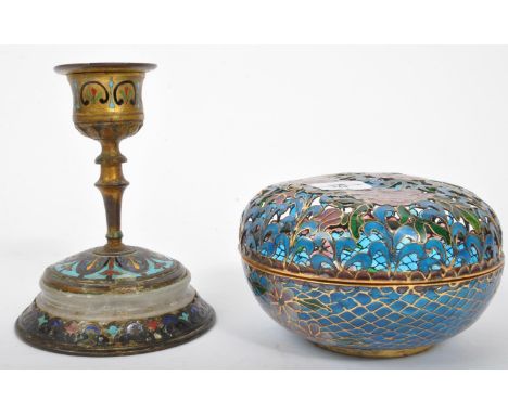 A 20th century Chinese plique a jour glass lidded pot having pierced lid with peonies to top. Together with an onyx and clois