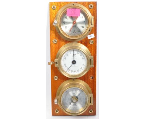 Nauticalia - Plastimo&nbsp; - A 20th century combination bulkhead ships marine clock, hygrometer and barometer. All mounted o