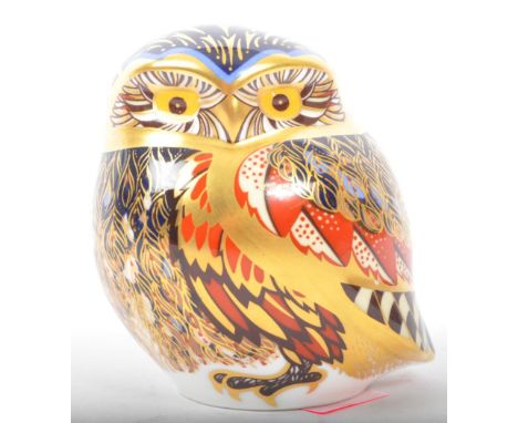 A vintage 20th Century Royal Crown Derby English bone china owl paperweight figurine statue. Complete with silver stopper. Bo