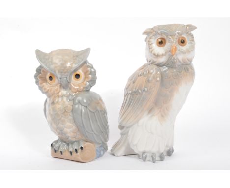 Two vintage 20th century Spanish Nao by Lladro &amp; Lean ceramic owl figures. Both figures stamped to base. Largest measurin