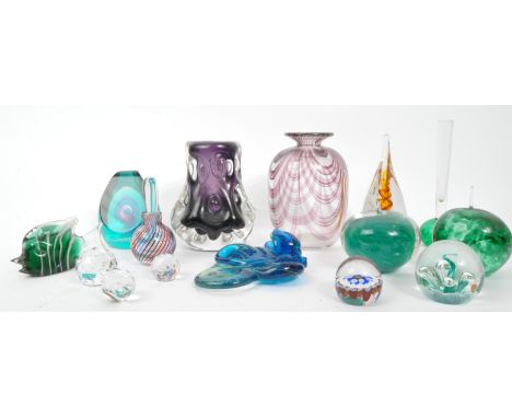 A collection of vintage 20th century studio art glass items. To include various Liskeard Studio glass vases, Caithness Scotla