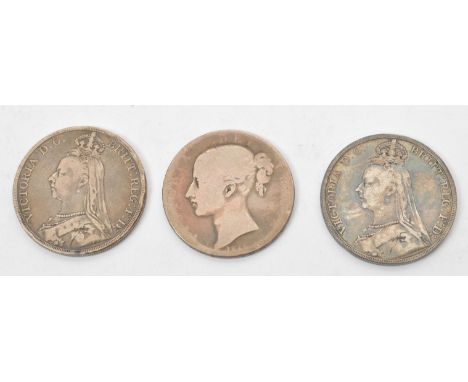 Three 19th century Victorian silver crown coins to include two 1889 crown coins with old bust to obverse and St George to ver