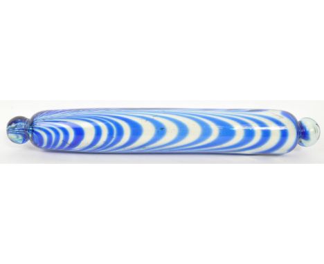Nailsea - A Victorian 19th century Nailsea glass rolling pin having cobalt swirls to body. Measures 42cm length.