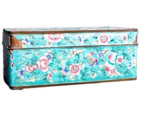 A 19th Century Chinese Canton enamel box. The box with turquoise enamel ground with polychrome enamels depicting botanicals a