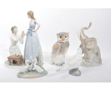 A collection of vintage 20th&nbsp;Century Spanish Nao by LLadro bone china figurines statues. To include; an owl, elephant, t