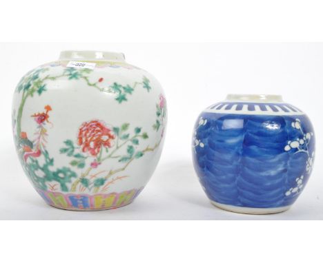 Two 19th Century Chinese ginger jars. Both of bulbous form, one having blue and white prunus decoration to body with double r