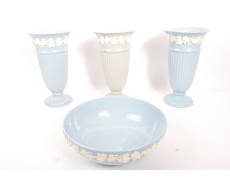 Wedgwood - Queens Ware - Three vintage 20th century Wedgwood Queensware ceramic trumpet vases, each being decorated with grap