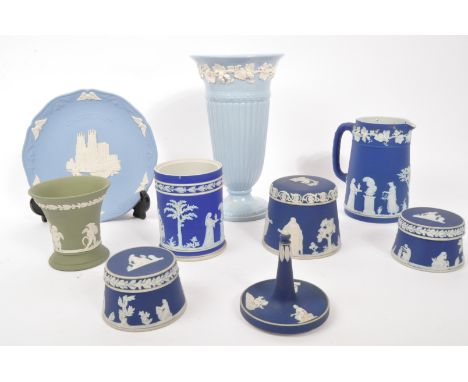 A collection vintage 20th Century Queensware Wedgwood with Adams Jasperware. To include; plate, trumpet vase, lidded pots, ta