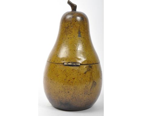 A George III style fruitwood tea caddy in the form of a pear with hinge at the centre of body and faux ivory armorial shaped 
