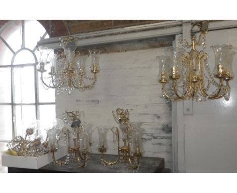 A pair of six-branch chandeliers with glass drops, four others similar and other light fittings  