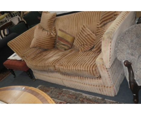 A modern Knole sofa upholstered in striped orange and gold with matching scatter cushions 80" wide (approx)