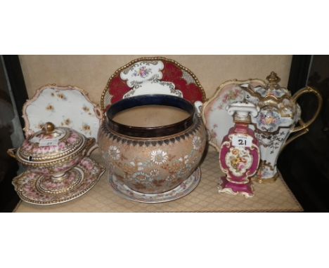 A Doulton Slater Jardinière, a Continental ceramic scent bottle, a 19th century Spode "Feldspar porcelain" tureen decorated w