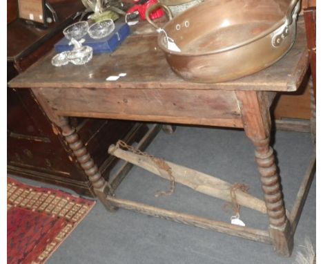 A Charles II oak side table with bobbin turned legs with single drawer, c.40'' wide