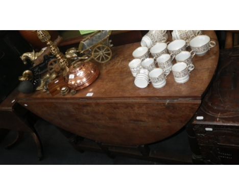 A 17TH CENTURY AND LATER OAK GATELEG TABLE, a 19th century Pembroke table, and a tin trunk